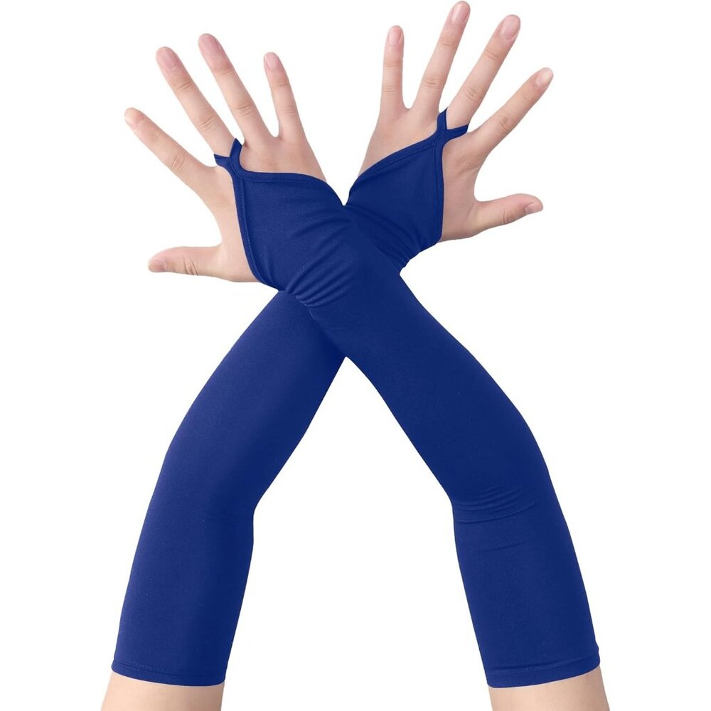 Women's Finger Loop Blue Elegant Stretchy Spandex Elbow Length Satin Gloves